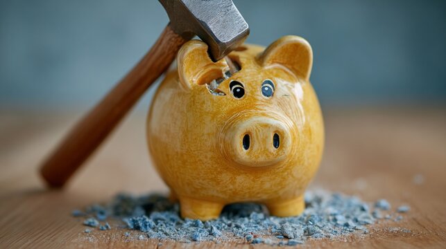 Conceptual image of a broken piggy bank with a hammer on top, symbolizing financial difficulties