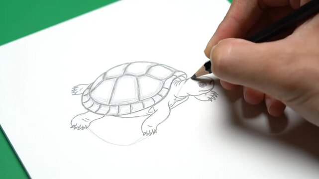 Drawing of a turtle on white paper with a pencil in hand.