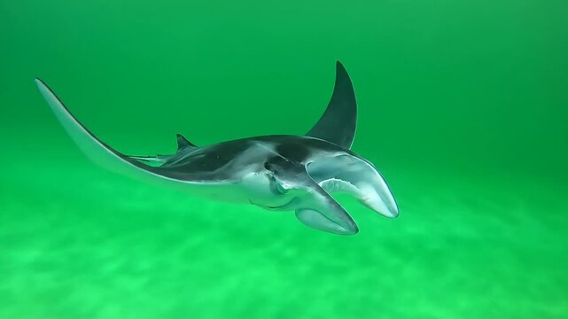 Manta ray swimming in green water, showing its cephalic fins and dark back.