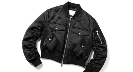 A black satin bomber jacket featuring a front zipper four flap pockets with silver snaps a zippered sleeve pocket and ribbed cuffs and collar is displayed on a white surface