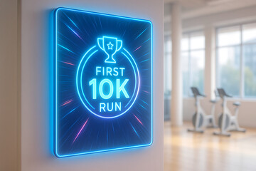 Holographic fitness achievement sign glowing on wall, first 10K run milestone, modern gym interior