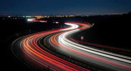 Modern Highway Nightscape with Dynamic Vehicle Light Trails and Urban Background