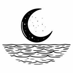 Crescent moon with stars over stylized ocean waves