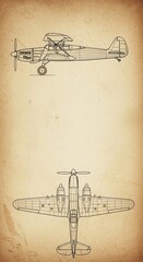Illustrated view of vintage aircraft blueprint design, featuring side and top perspectives of classic airplane structures, showcasing detailed outlines, highlighting the mechanical elements, set...