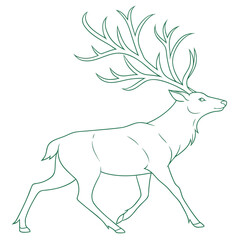 Elegant green line art illustration of a majestic stag with large antlers