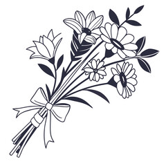 Elegant line art bouquet of flowers tied with a bow