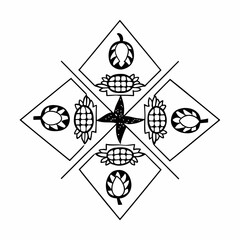 Geometric mandala design with stylized turtles and flowers