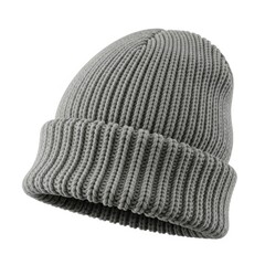 Gray knitted beanie hat on white background