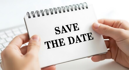 Hands holding a notepad with the text save the date written on it, isolated on white background