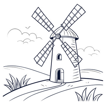 Line art illustration of a traditional windmill in a rural landscape
