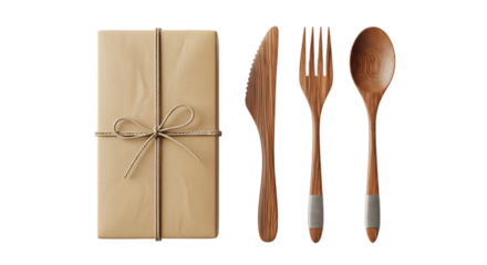 Brown paper package with wooden cutlery isolated on a transparent background