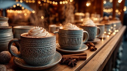Fototapeta premium Multiple cups filled with coffee and topped with whipped cream arranged on a wooden counter with cinnamon sticks and anise stars