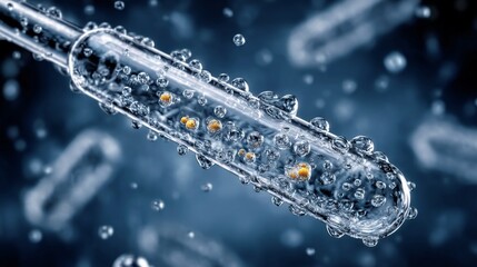 Detailed macro of a test tube containing cells and water droplets science research