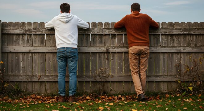 Two Men Looking over Wooden Fence in Autumn - Powered by Adobe