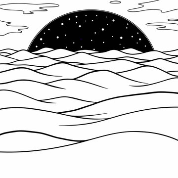Stylized night sky with stars over rolling waves and clouds