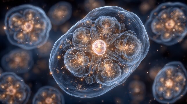 Detailed microscopic view of cells with nucleus and cytoplasm visualization process