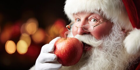 Man in a Santa hat is eating an apple