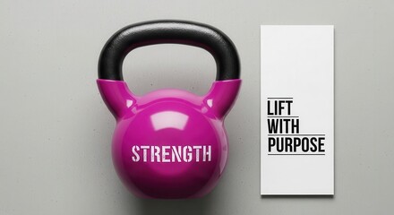 Pink Kettlebell displaying the word STRENGTH and a motivational sign