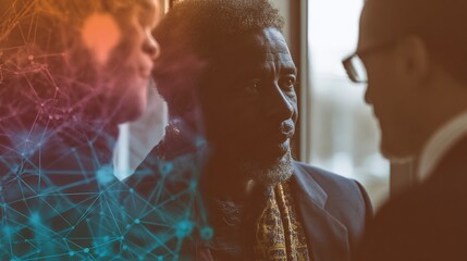 Diverse group collaborating with advanced technology depicted through overlay network