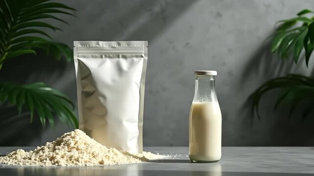 Protein powder in a pouch with plant-based milk bottle on a textured surface backdrop