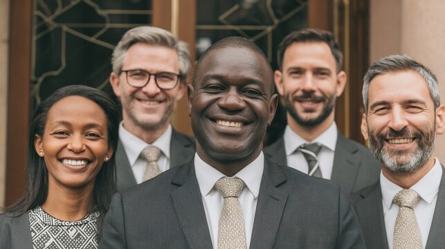 Diverse executive team smiling confidently standing outside office building location