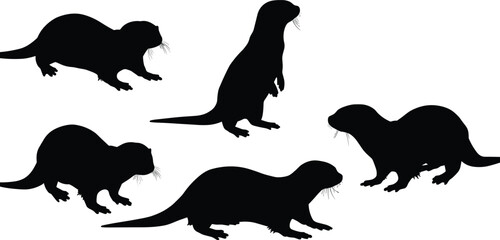 Set of otter silhouette vector collection, wild aquatic mammal illustration, black animal design, nature wildlife art for education and creativity