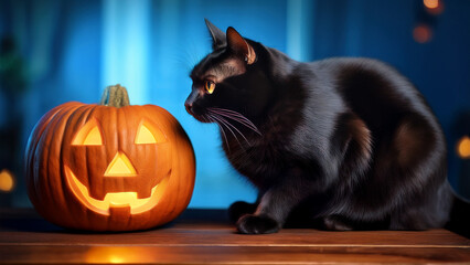A black cat sitting next to a lit pumpkin lantern on a wooden table, glowing candlelight casting warm highlights on cat’s fur, shallow depth of field, mysterious atmosphere, close-up focus, orange and