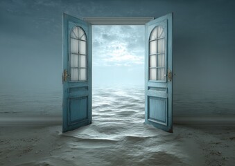 The blue door is open, revealing a vast ocean