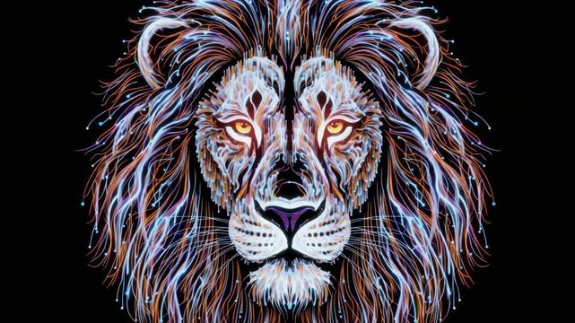 Abstract Digital Lion Portrait Animation Series, Glowing Mane, Majestic Feline Art, King of the