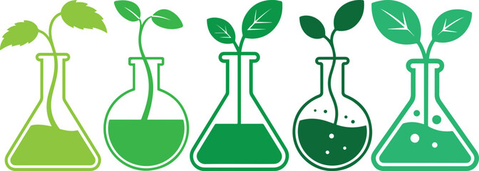 Vector illustration of green laboratory flasks with growing plants symbolizing biotechnology, eco science, sustainability, and environmental research concept for green energy, innovation, and natural 