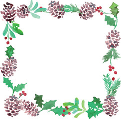 Fototapeta premium 水彩画。水彩タッチのヒイラギクリスマスフレーム。クリスマスのベクターフレーム。松ぼっくりとヒイラギ。Watercolor painting. Watercolor holly Christmas frame. Christmas vector frame. Pine cones and holly.