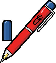 Cartoon Red Pen with Blue Cap, Black Outline, and Silver Clip Illustration