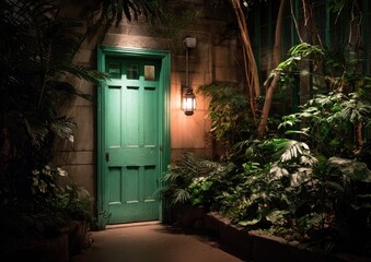Green door with a light on it is in front of a lush green garden