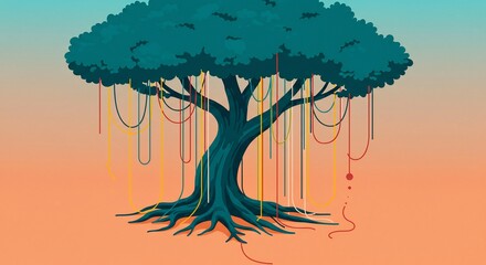 A mystical tree adorned with colorful necklaces and beads.