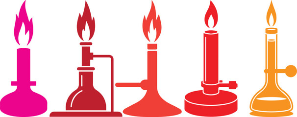 Vector illustration of colorful Bunsen burners with flames used in laboratory experiments, modern chemistry and science design concept for education, research, physics, and scientific innovation theme
