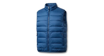 A blue quilted sleeveless vest with a stand-up collar and full-zip front featuring two zippered side pockets