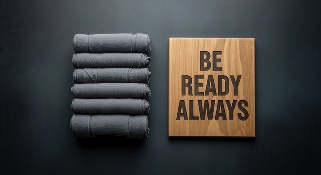 Rolled gray fabric next to a wooden board with motivational text