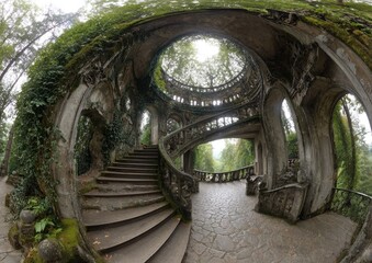 Spiral staircase leads to a large room with a view of the outside