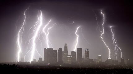 Dramatic lightning strikes illuminating the Los Angeles skyline during a powerful thunderstorm