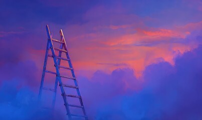 Ladder is shown in the sky with a purple and orange background