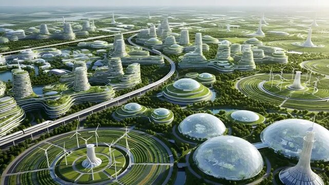 Aerial view of the city airport, landscape park, and rice agriculture field with trees and buildings