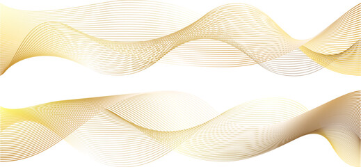 Luxury golden thin foil lines of gradient waves swoosh. 3d swirls sound of music bent and twisted in spirals. Dynamic motion background set for wedding backdrop