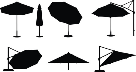 Silhouette collection of outdoor patio umbrellas and parasols isolated on white background, vector illustration for summer garden, cafe, and beach design © Sakib World