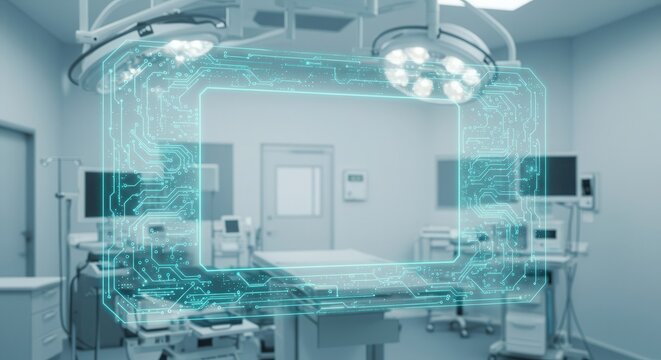 An operating room bathed in cool blue light features technological overlay of circuit board design and illuminates the space.
