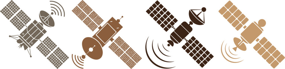 Vector illustration of communication satellites orbiting Earth transmitting data signals, modern space technology design concept for global network, GPS, and telecommunication systems.