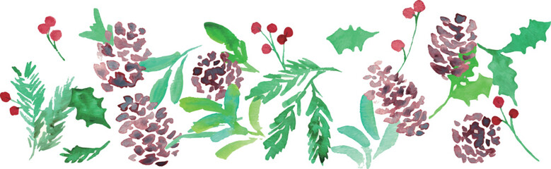 水彩画。水彩タッチのヒイラギクリスマスフレーム。クリスマスのベクターフレーム。松ぼっくりとヒイラギ。Watercolor painting. Watercolor holly Christmas frame. Christmas vector frame. Pine cones and holly.