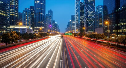 Fototapeta premium Dynamic Urban Highway at Dusk with Blurry Light Trails from Moving Traffic and Modern Skyscrapers