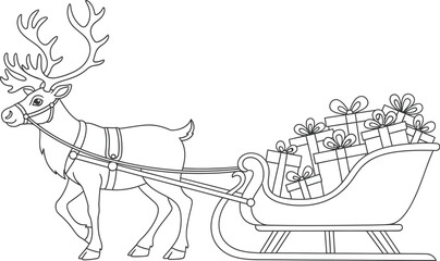 Reindeer sleigh christmas gifts coloring page vector graphic