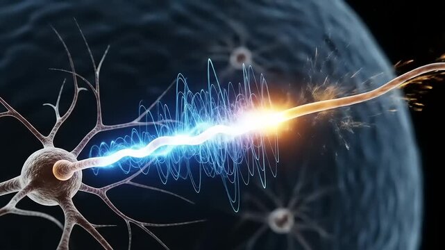 Close-up of a neuron firing an electrical impulse across a synapse.