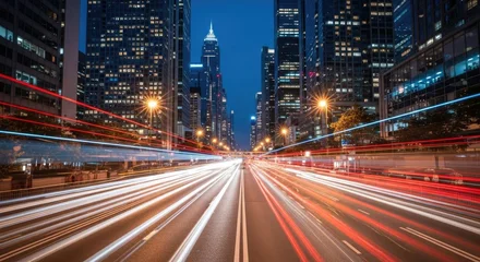 Acrylglasbilder Autobahn in der Nacht Energetic Urban Cityscape at Night with Speeding Traffic Light Trails and Modern Skyscrapers  © Yohanessoekamti
